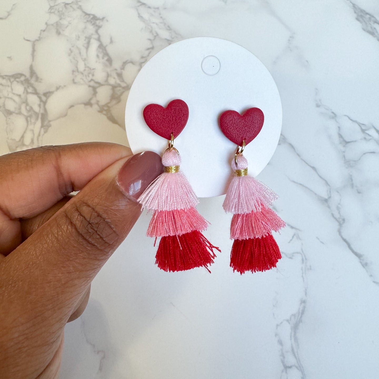 WS Red Heart Tassel Clay Earrings